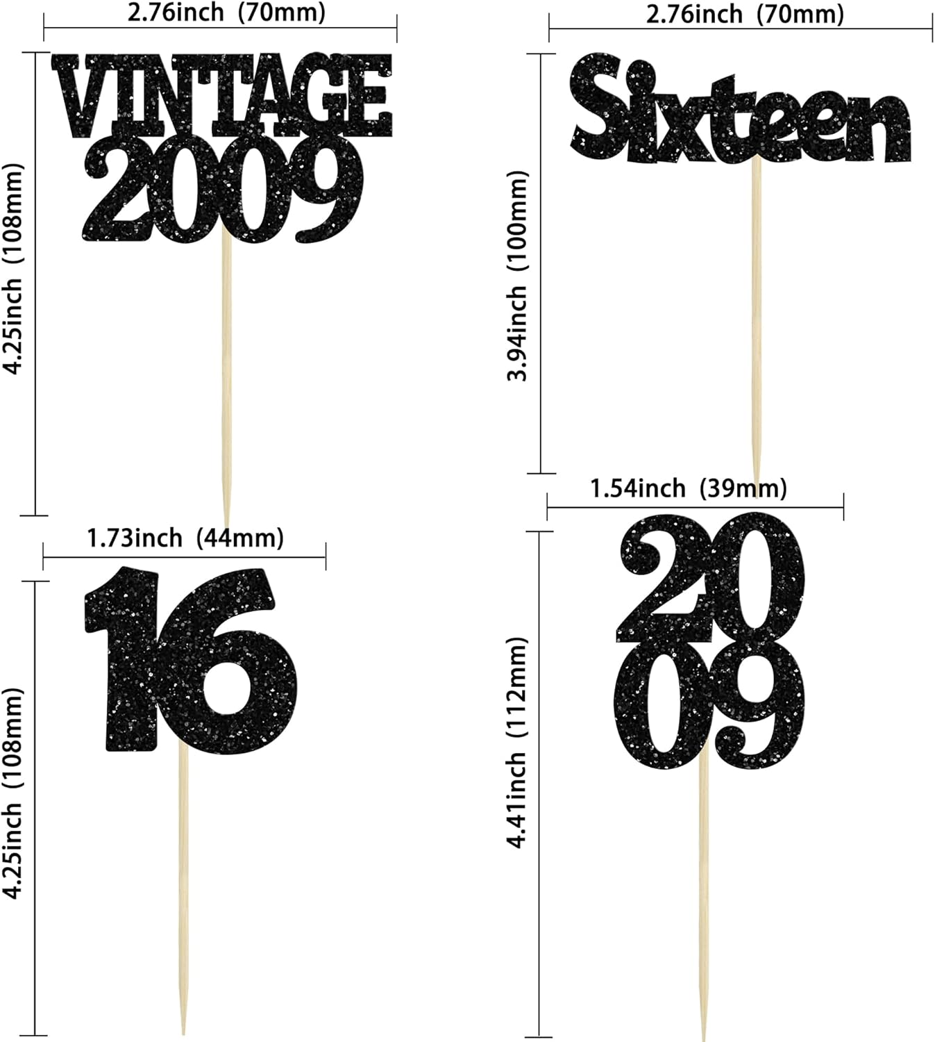 Gyufise 24Pcs 16th Birthday Cupcake Toppers Glitter Sixteen Vintage 2009 Sweet 16 Cupcake Picks Hello 16 Years Birthday Cake Decorations for Happy 16th Birthday Anniversary Party Supplies Black