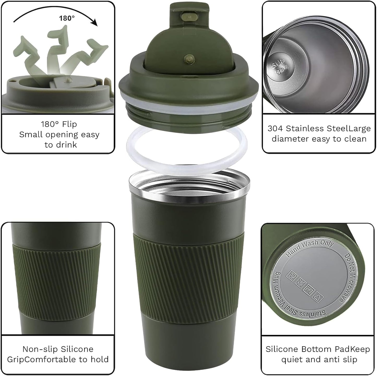 YINBAOGE Insulated Travel Coffee Mug Spill Proof Leak Proof Pobtable To Go Camping Stainless Steel Coffee Tumbler Reusable Coffee Cups with Lids Thermos for Hot and Cold Drink (Green, 17 OZ)