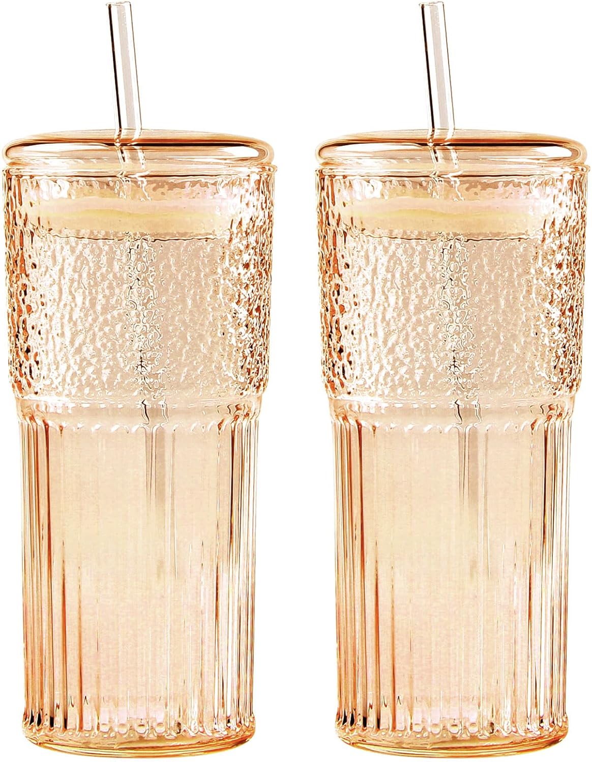 GOSCHE Glass Cups with Lids and Straws, 20oz Drinking Jar Glass Tumbler Iced Coffee Cups Set, Vintage Ripple Glassware Smoothie Cups for Water Coffee Tea, Amber, 2 Pcs