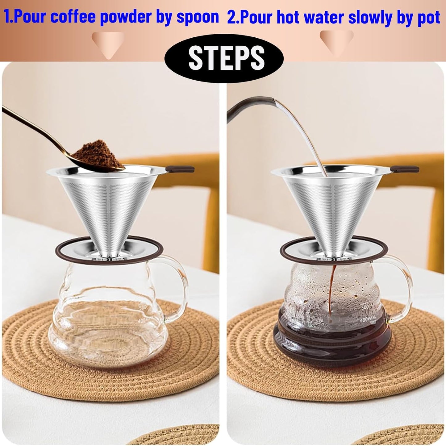 Reusable Paperless Coffee Filter V60,Coffee Dripper,Professional Stainless Steel Drip Cone Brew Coffee Strainer,Double Micro Mesh Filter,Coffee Filter Mug,Silicone Handle & Non-Slip Silicone Base (M)