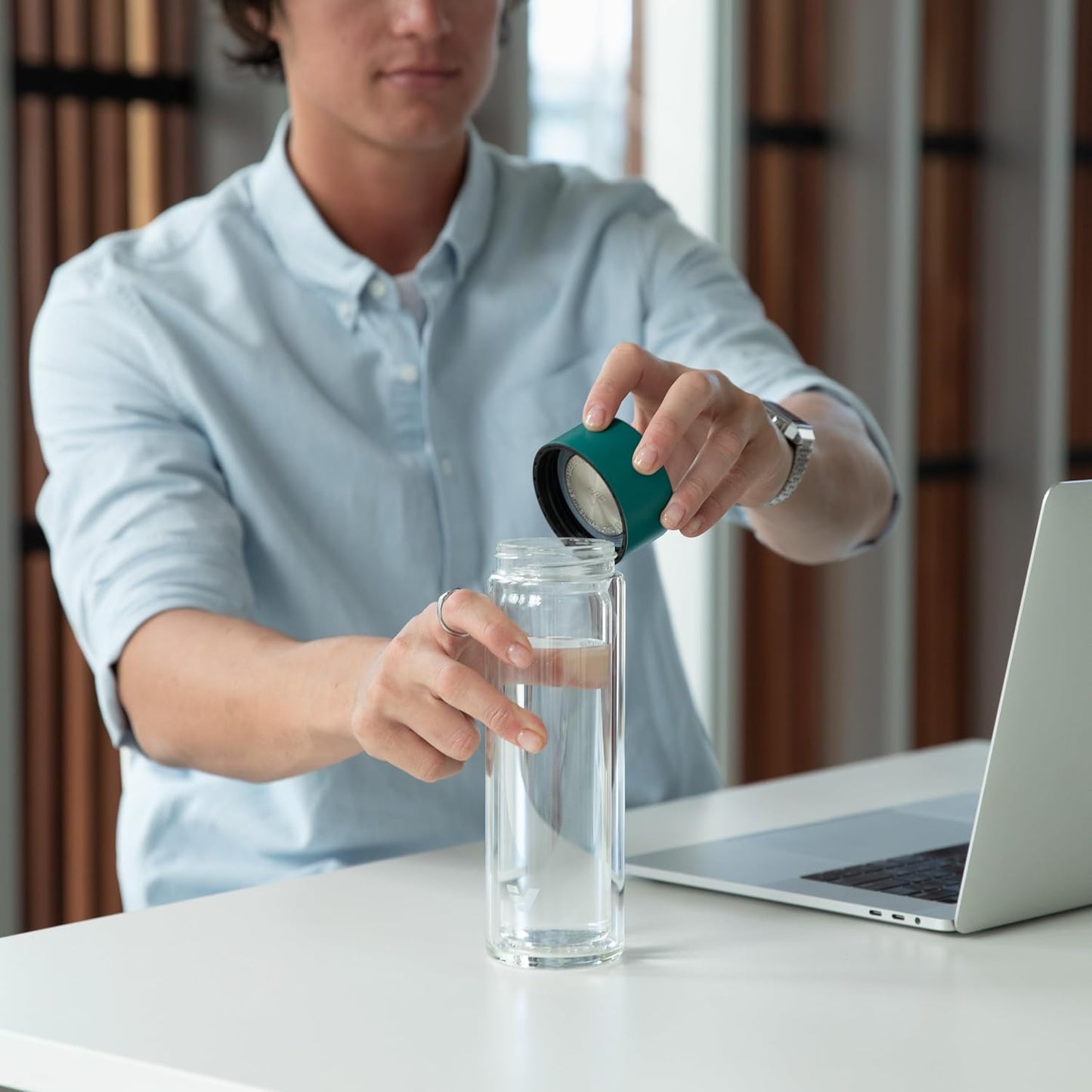 Glass Multi Tea Infuser Bottle 14oz - Double Wall Borosilicate Glass Flask | No Plastic Touches Contents | Perfect for Office or Home - Dark Green