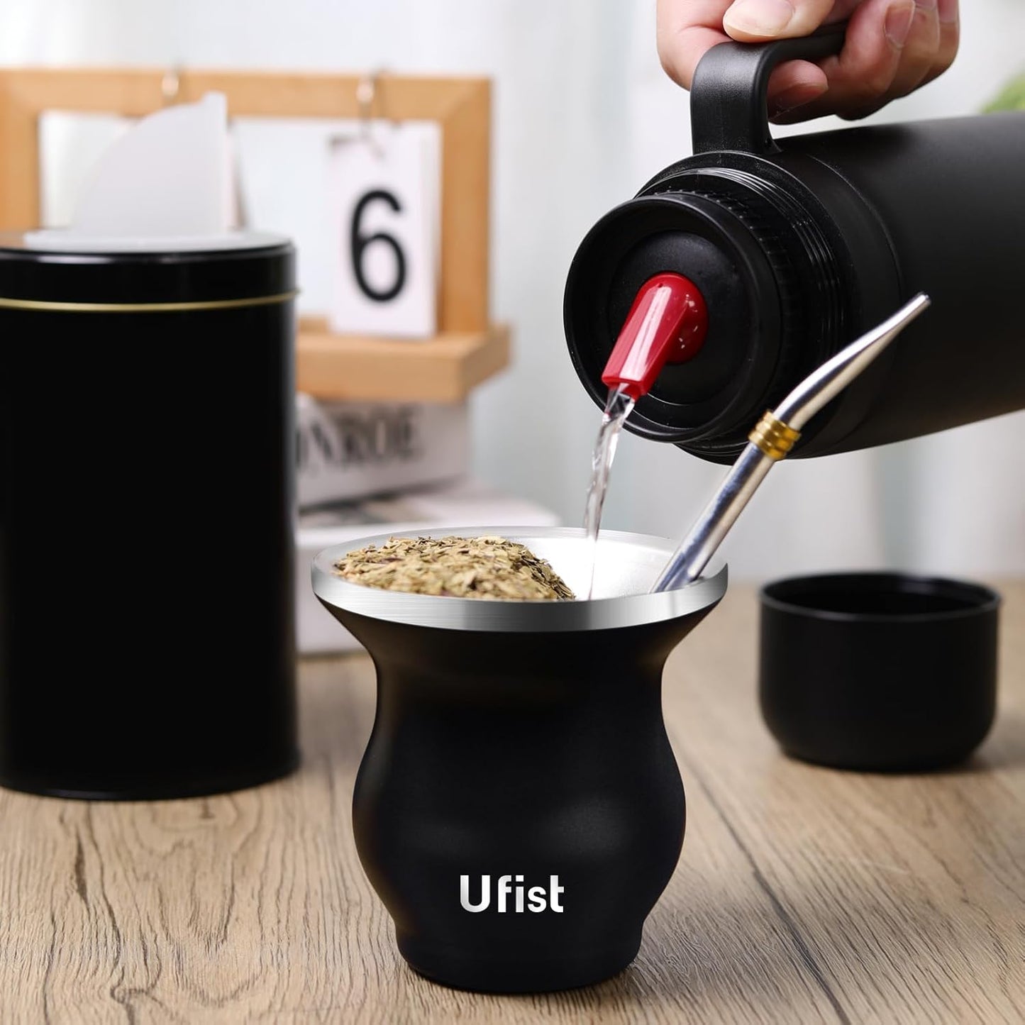 Yerba Mate Cup Set, Include Stainless Steel Double-Wall Mate Gourd with 2 Bombilla Straws and Cleaning Brush, 7.8oz Capacity, Black