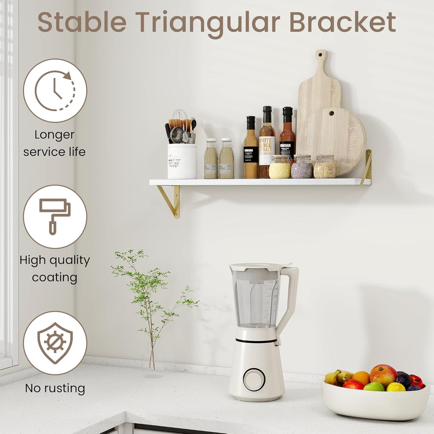 Dreamland Deep Floating Shelves for Wall, 30W x 8D Wall Shelves, Set of 2, 30 inch Floating Shelf with Sturdy Metal Brackets for Living Room, Bathroom, Bedroom and Kitchen, White with Gold Brackets