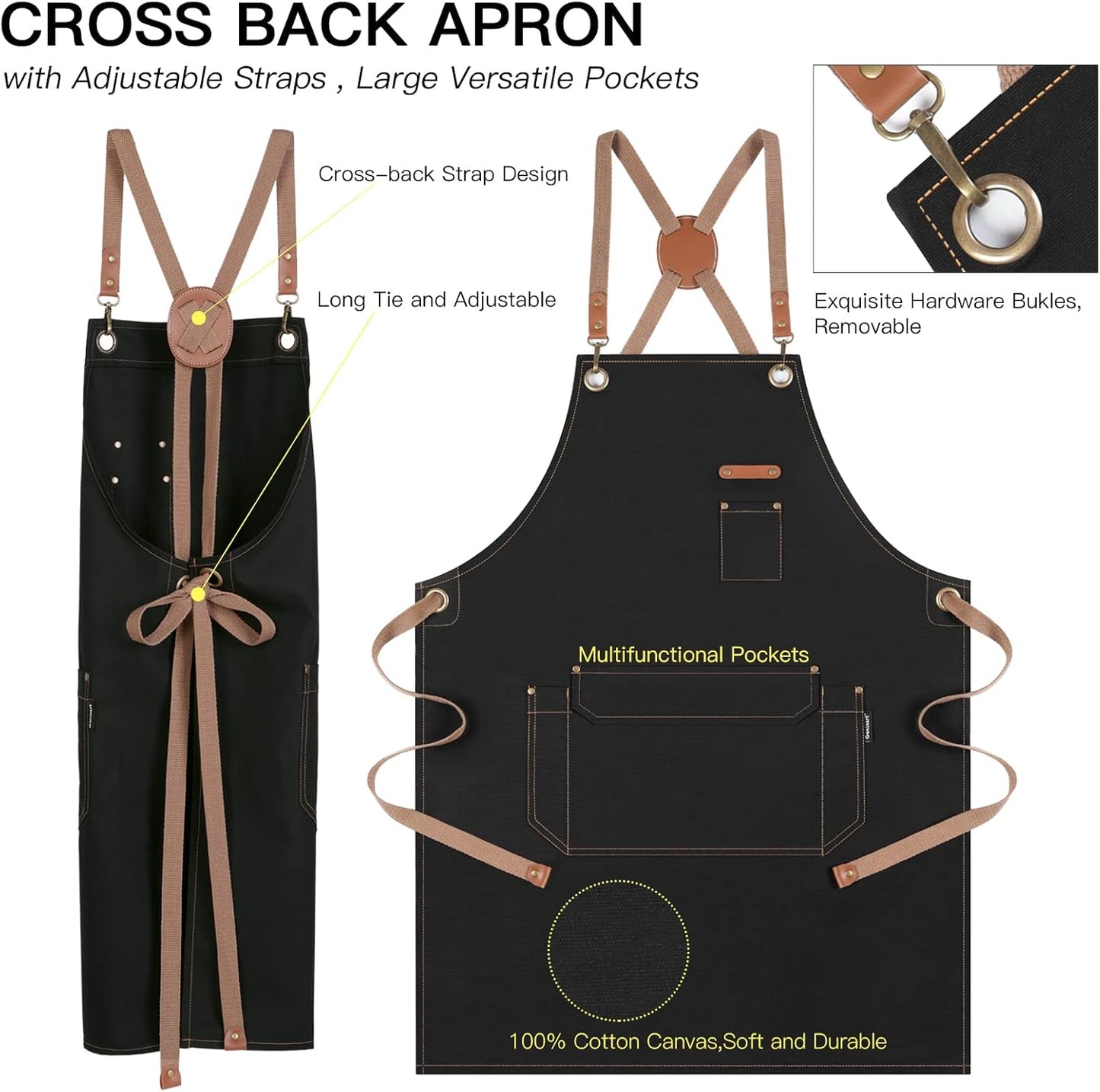 Genixart Chef Apron for Men Women with Gift Box Pack, Cross Back Apron with Pockets for Kitchen Cooking Baking Artist Painting, Cotton Canvas Work Aprons for Shop, Garden, Restaurant, Cafe (Black)
