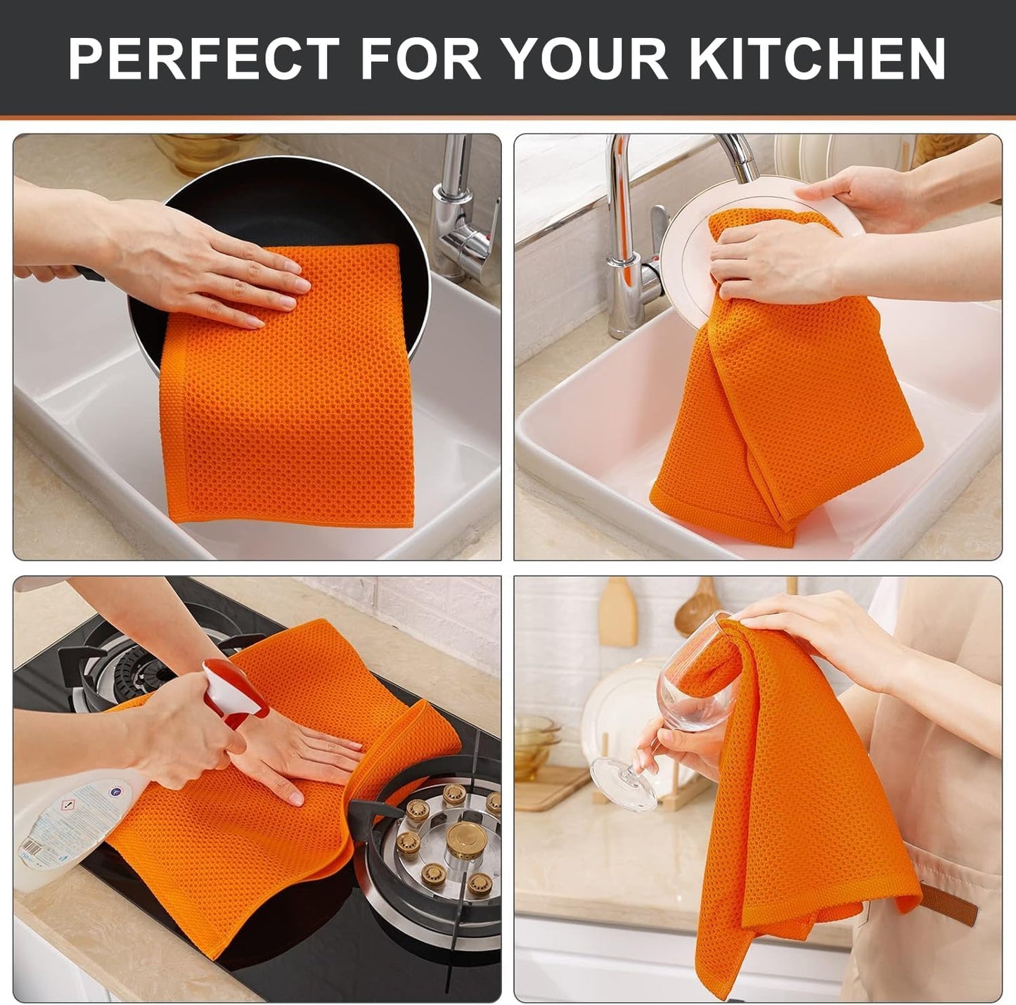 Kitinjoy 100% Cotton Waffle Weave Kitchen Towels, 4-Pack Super Soft and Absorbent Dish Towels for Drying Dishes, Kitchen Hand Towels, 13 in x 28 in, Orange