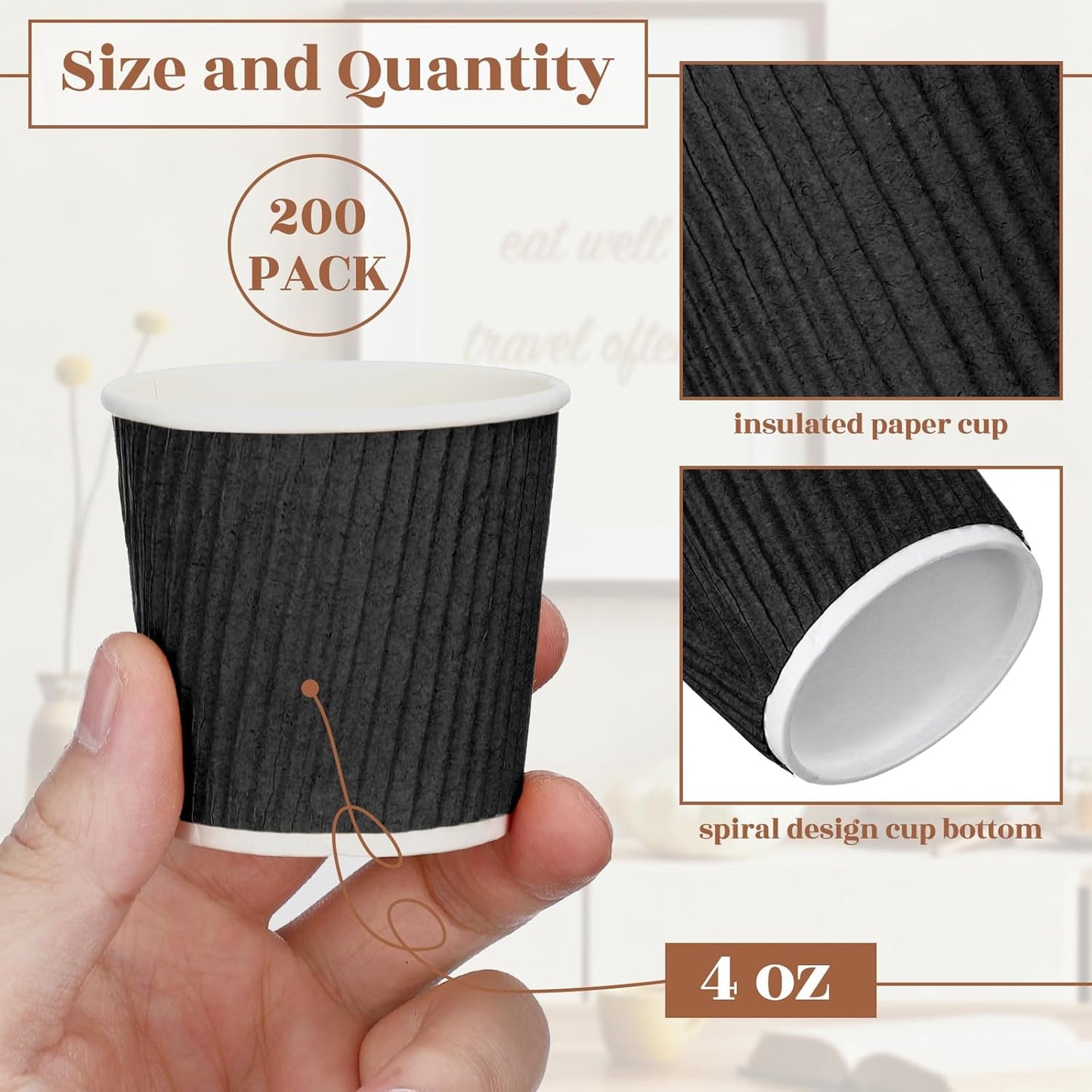 Yaomiao 200 Pcs 4 oz Disposable Espresso Coffee Cups Ripple Corrugated Paper Insulated Hot Cups for Party Cold Drinks Hot Beverage Tea(Black)