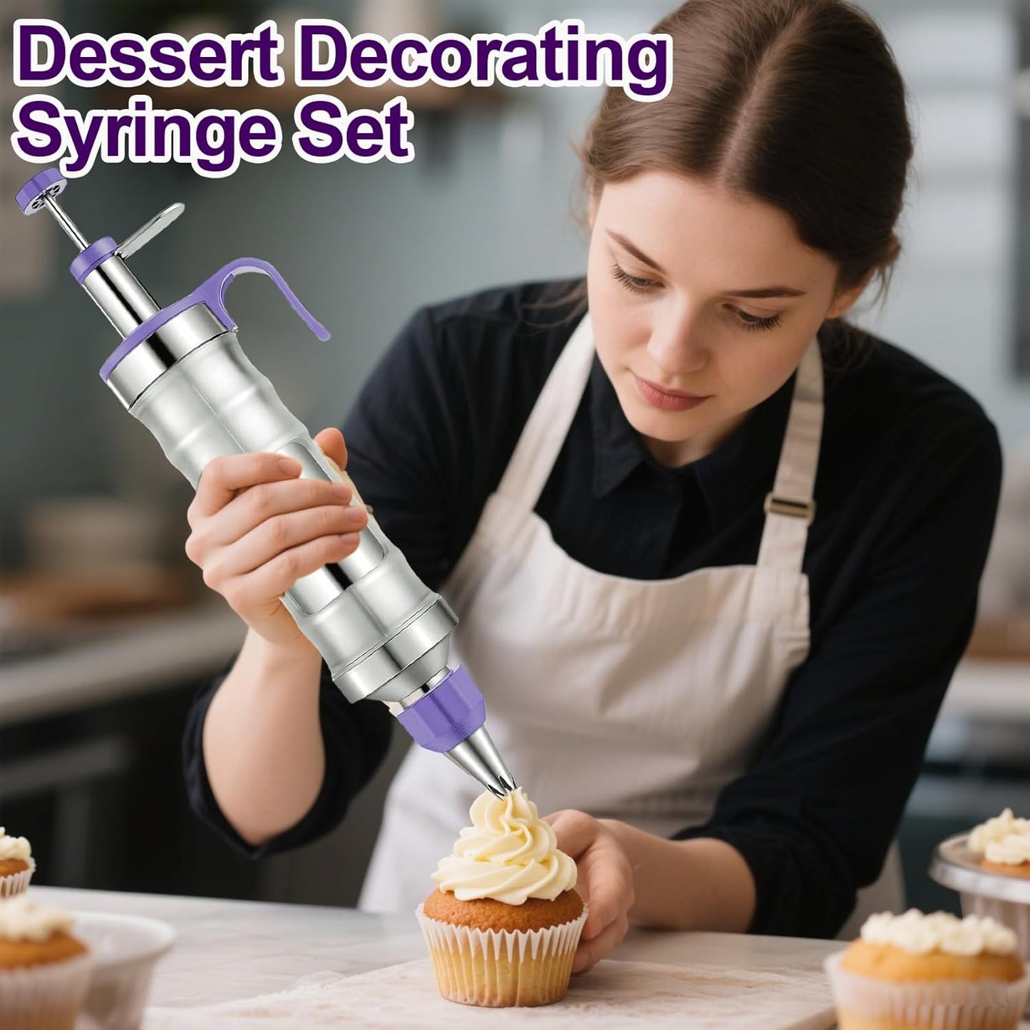 Novano Dessert Decorating Syringe Set, Frosting Piping Kit Stainless Steels Cake Decorating Kit with 6 Piping Tips & 9 silicone cupcakes, Cupcake Decorating Kit Piping Bags and Tips Set