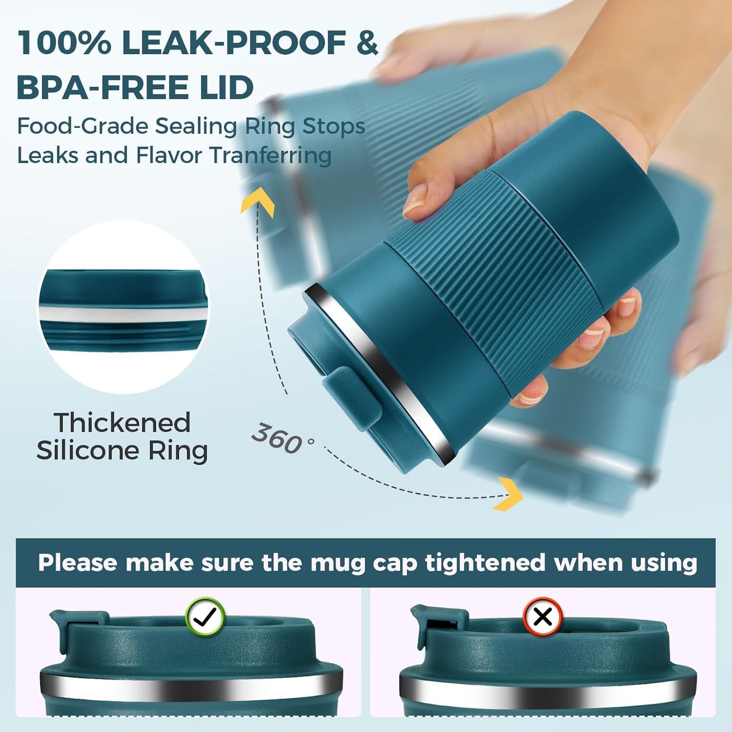 Volhoply 13 oz Stainless Steel Insulated Travel Coffee Mug with Fip Lid Bulk 8 Pack,Reusable Double Wall Vacuum Metal Coffee Cup,Portable Leak Proof Thermal Tumbler for Hot & Cold Drinks(Bule,8)