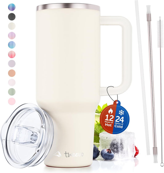 40 oz Tumbler With Handle and Straw Made of Stainless Steel - Double Wall Vacuum Insulated Tumbler With Lid - Sweat Proof Easy Grip, BPA-Free, Dishwasher Safe Tumbler (Cream)