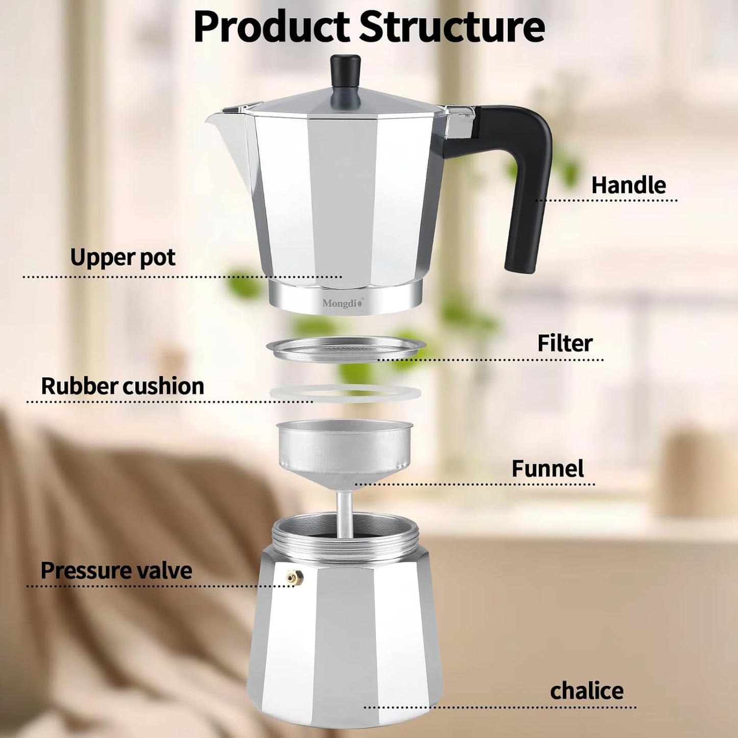 Mongdio Stovetop Espresso Maker Moka Pot, Stove Top Cuban Coffee Maker, Italian Greca Mocha Pot, 9 Espresso Cups, 15 oz - Silver