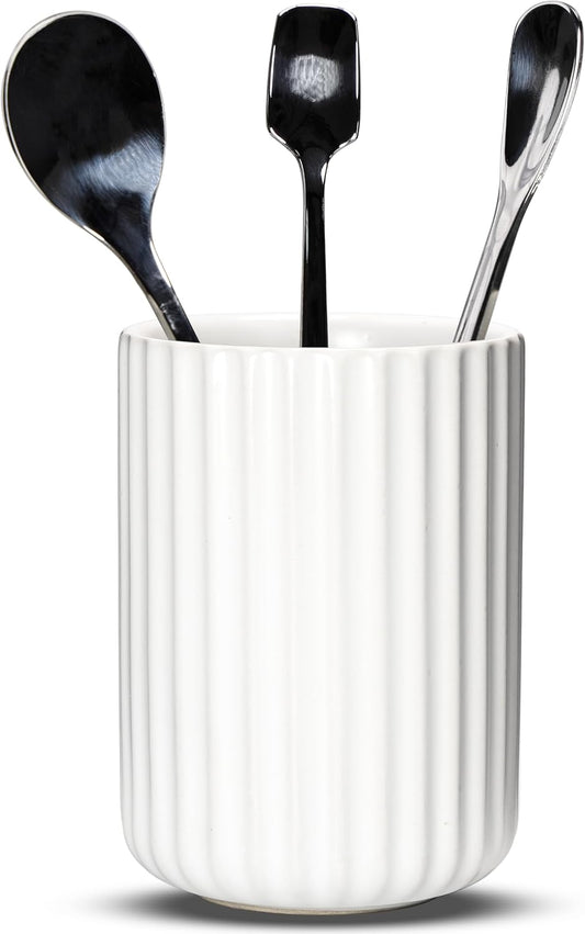 Ceramic Spoon Holder for Coffee Bar, Upright Tea Spoon Holder Cup, Coffee Stirrers Straws Stir Stick Holder, White Fluted Surface