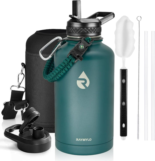 Insulated Water Bottle 64 oz, Triple Wall Vacuum Stainless Steel (Cold for 48 Hrs), Leak Proof & Non-BPA, Half Gallon Water Flask Jug with Paracord Handle & Straw Spout Lids, Dark Green
