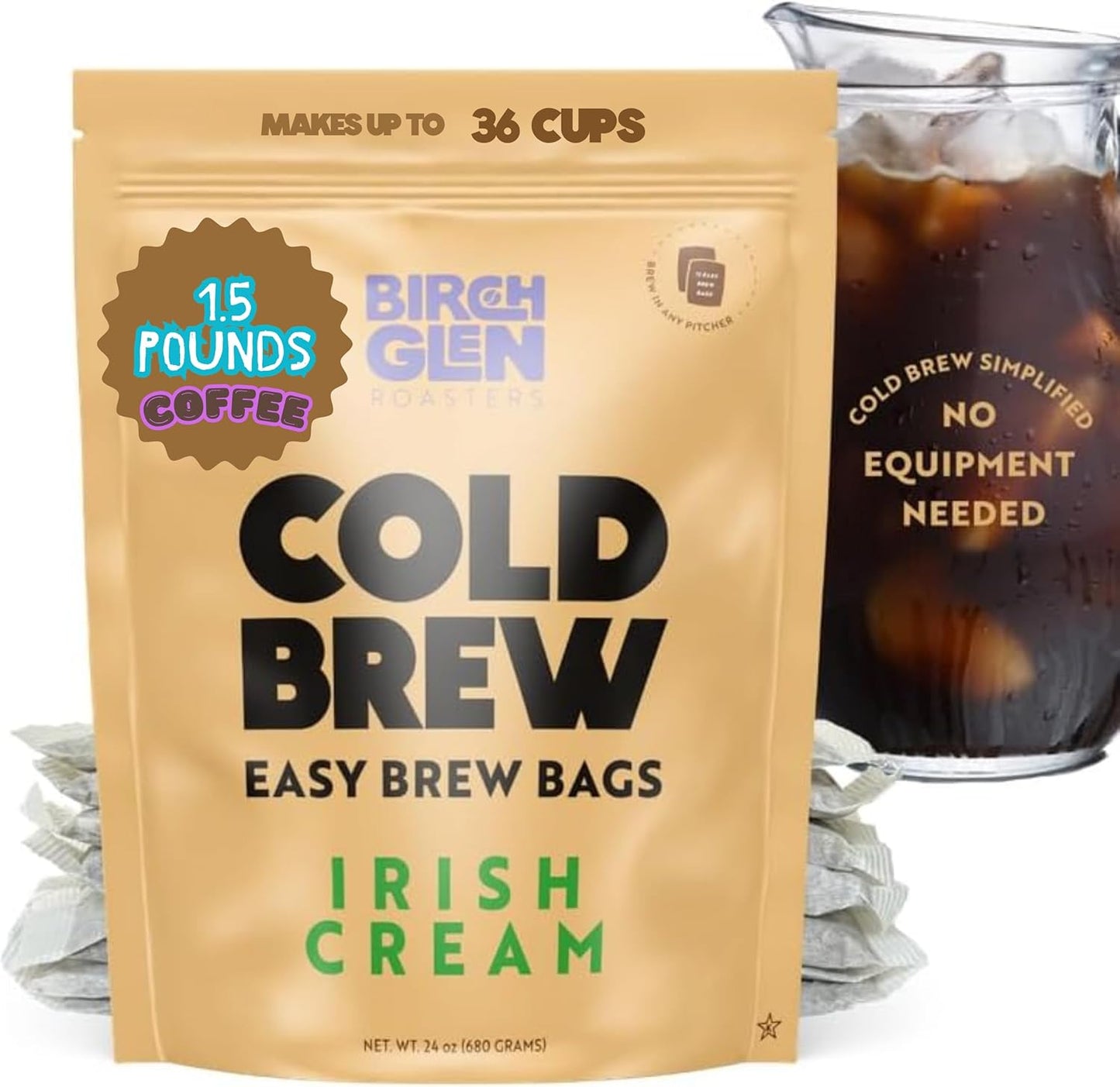 Birch Glen Roasters Cold Brew Coffee Bags - 12 Pack of Coarse Ground Coffee Filter Pitcher Packs for Easy Brewing - 100% Arabica - Yields 6 Pitchers - Irish Cream Flavor