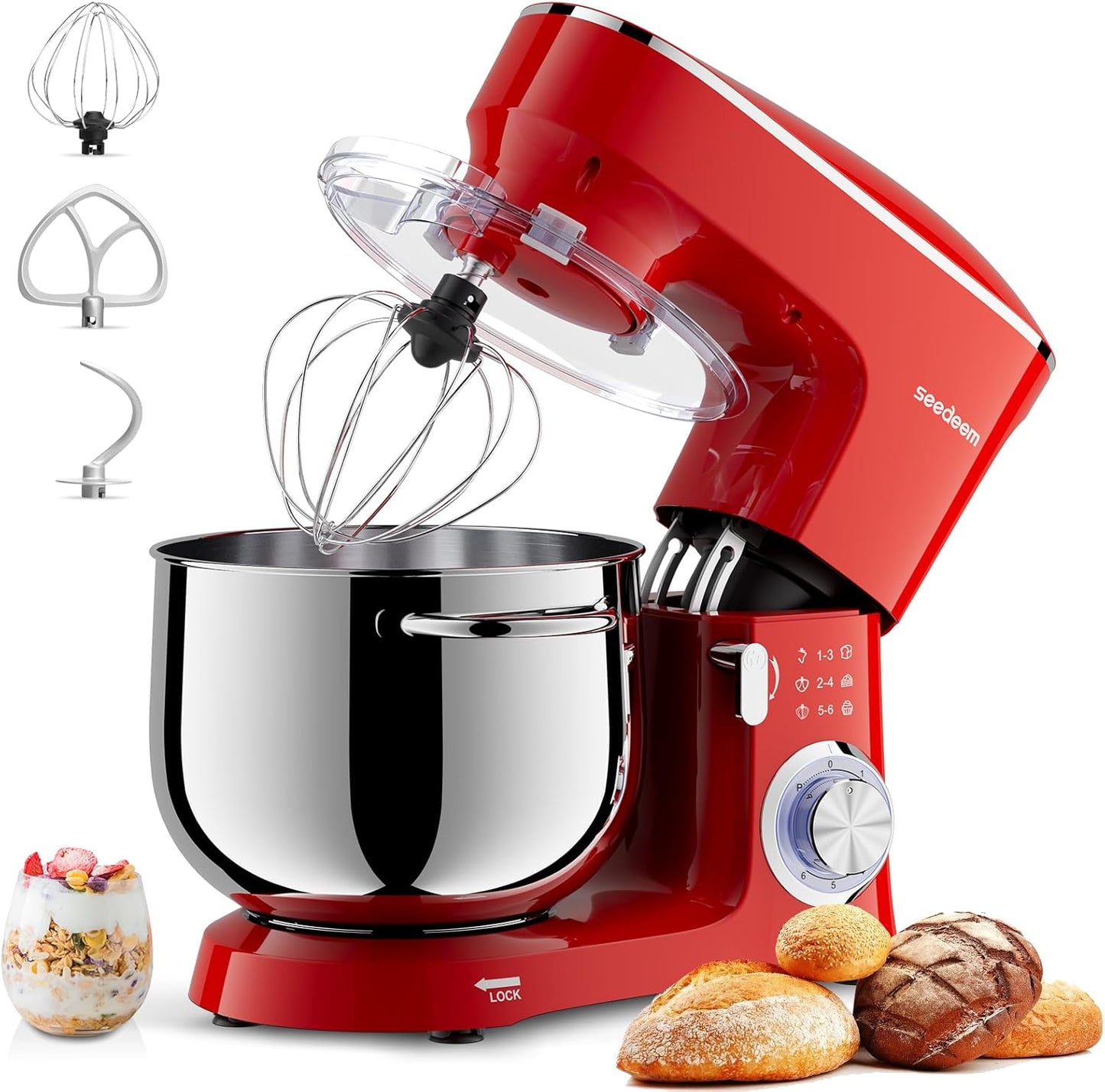 SEEDEEM Stand Mixer, 8.5 Qt 660W Tilt-Head Kitchen Mixer with 6+P Speeds, Dough Hook, Wire Whip & Beater, Dishwasher-Safe Attachments, Red – Ideal for Baking & Daily Use, Red