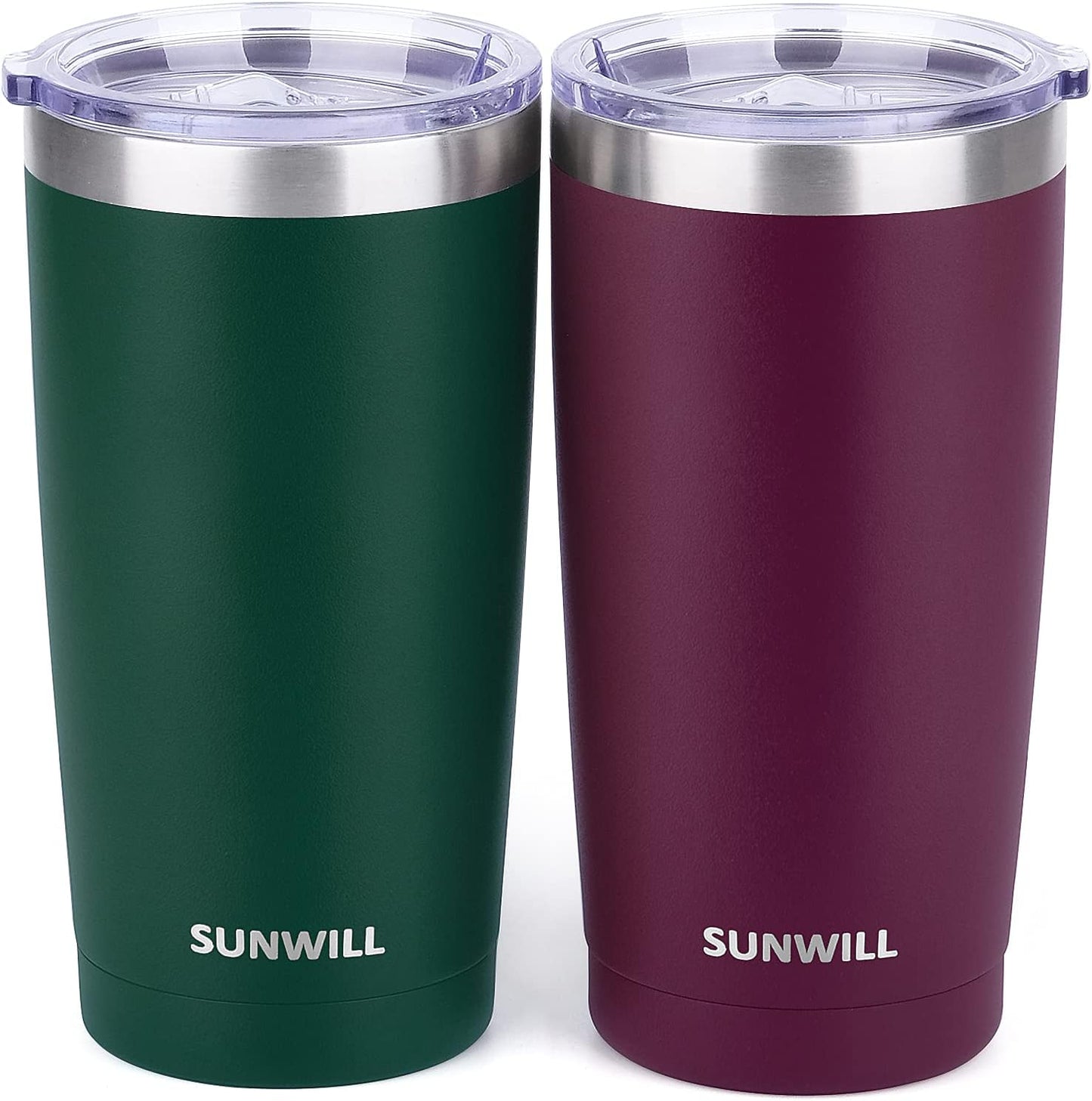 SUNWILL Travel Coffee Mug with Lid, 20 oz Tumbler Set of 2, Insulated Stainless Steel Cup for Drinks， Water, Tea, Powder Coated Forest Green & Plum