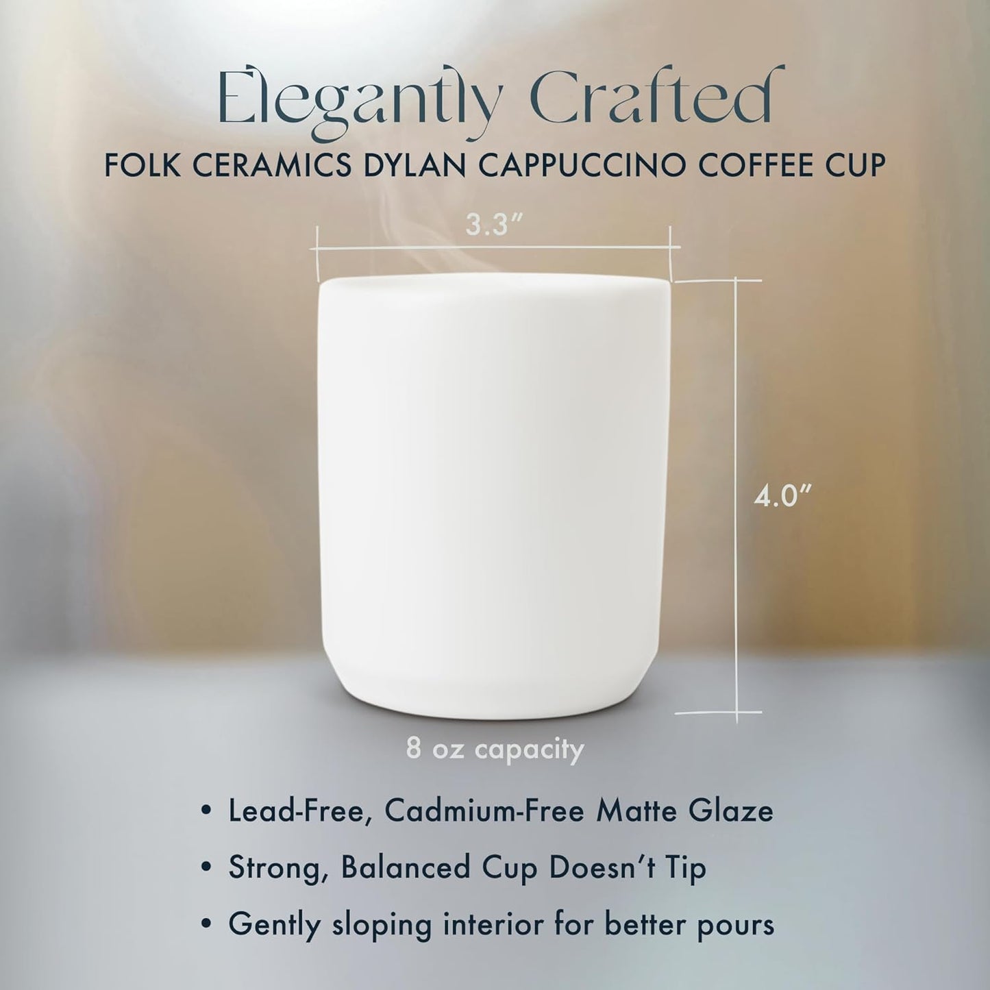 Folk Ceramics Dylan Ceramic Cappuccino Cups Set | Double Walled Ceramic Coffee Mug Set | Compact & Heat Insulated Cappuccino, Tea, Coffee & Latte Cup | 8oz, Set of 2 | Whisper White