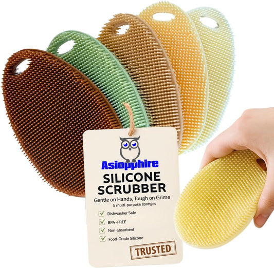 Silicone Sponge Dish Scrubber - Food Grade and Housecleaning - BPA Free Silicone Kitchen Scrubber [5 Pack Ovals Fall]