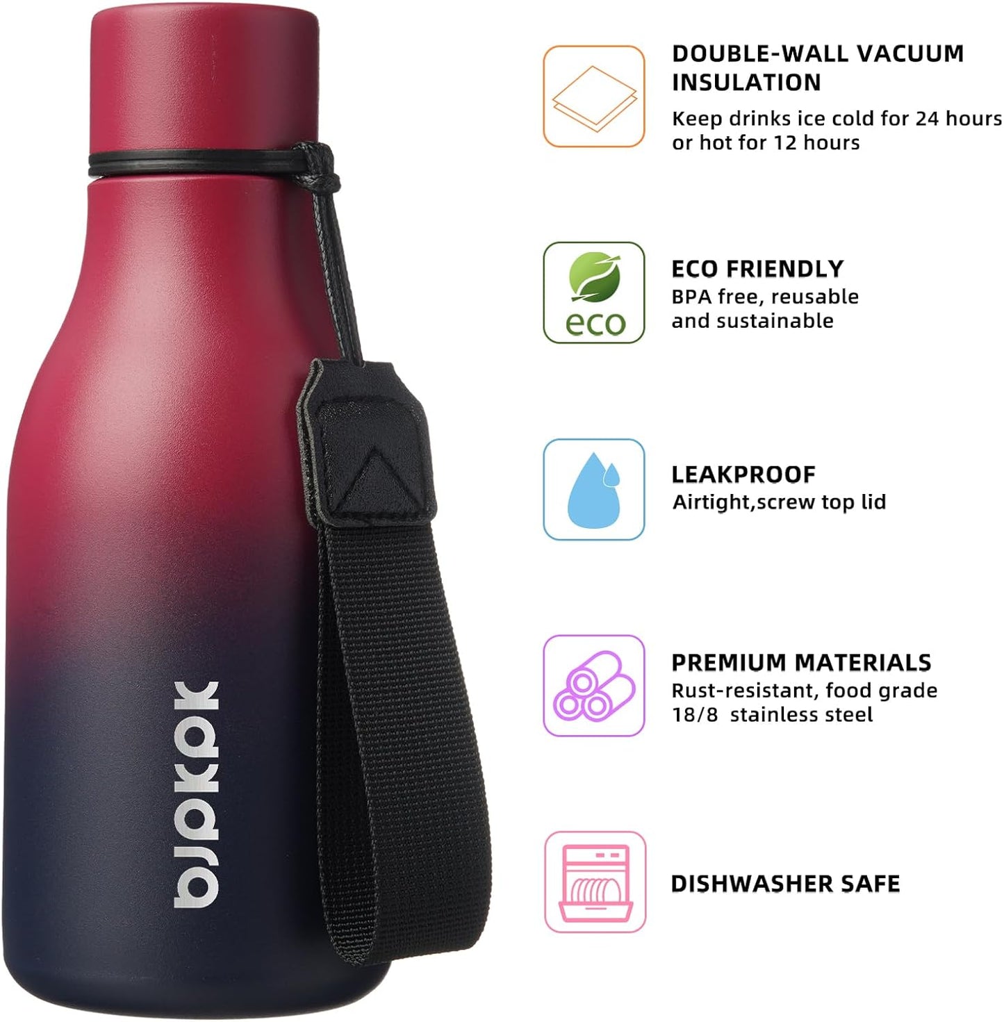 BJPKPK Insulated Water Bottles, 12oz Stainless Steel Metal Water Bottle with Strap, BPA Free Leak Proof Thermos, Mugs, Flasks, Reusable Water Bottle for Sports & Travel, Charming Black Red