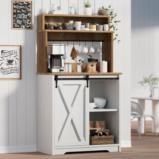 Farmhouse Coffee Station with 3 Tier Storage Hutch & 6 Hooks - 56 Inch Small Coffee Bar Table with Adjustable Shelves for Living/Dining Room