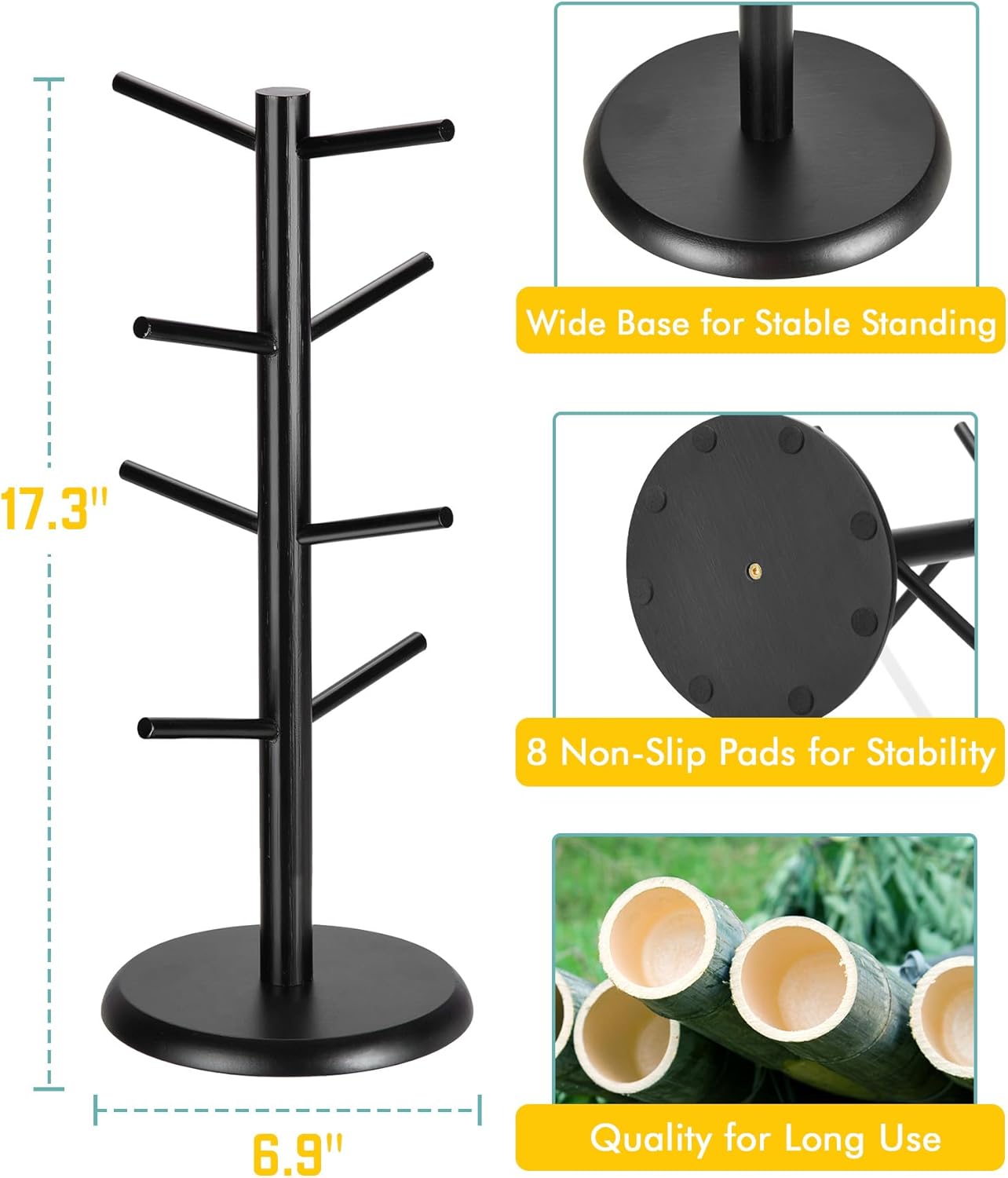 Lorbro Coffee Mug Tree with 8 Hooks, Mug Tree Stand, Wooden Coffee Cup Holder, Countertop Mug Tree, Mug Stand Kitchen Organizer, Cafe Accessories Decor & Kitchen Organizer Storage Stand (Black)