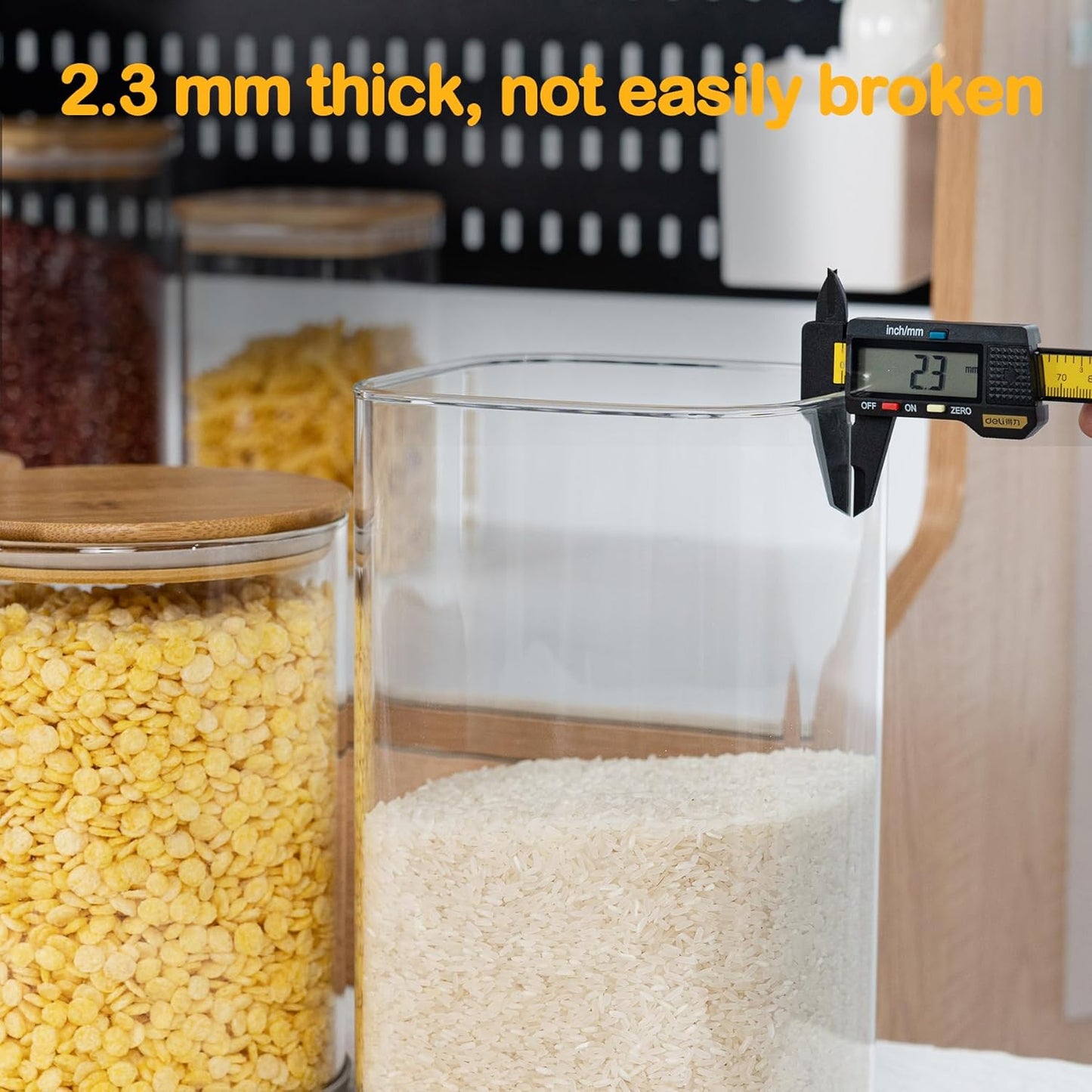 156oz Airtight Glass Square Storage Canister with Bamboo Lid Set of 2(4600ml*2) Large Gallon Glass Jars for Sugar, Flour, Cookies and Coffee beans (‎with Black Lable)