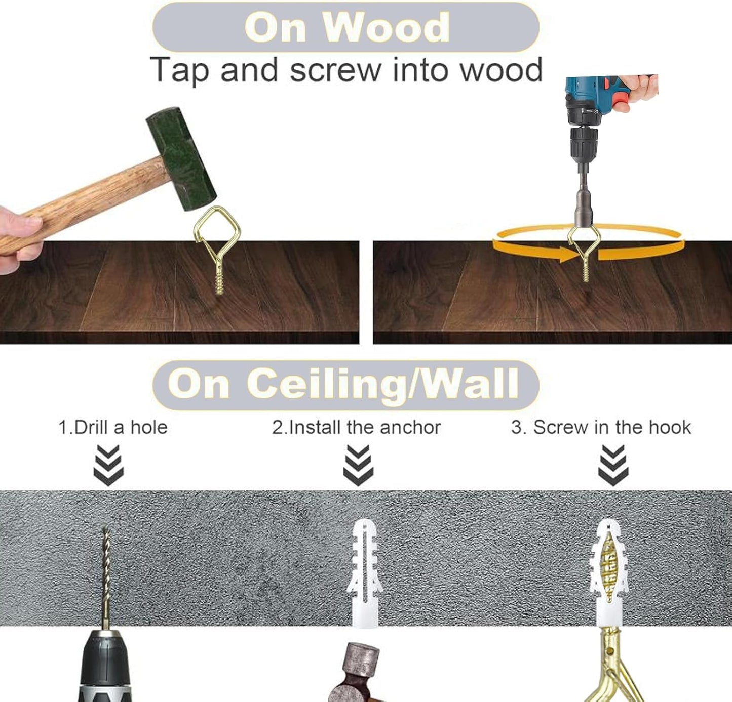 10 PCS Eye Screw Hooks for Hanging Heavy Duty with Safety Buckle.Metal Ceiling Hooks for Hanging Plants,Cup,Wind Chime,Bird Feeders,christmas String Lights at Indoor&Outdoor,2.36 Inch(No Drill Bit)