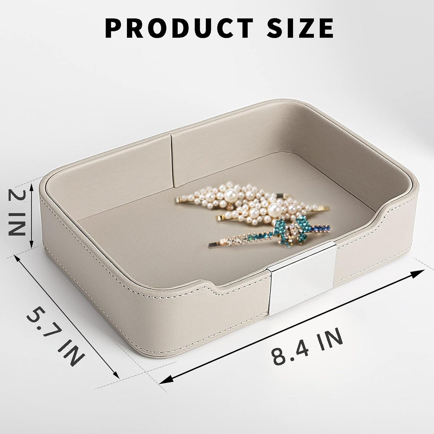 SANZIE Luxury Leather Tray Desktop Storage Catchall Organizer Decorative Tray for Entryway Table to Hold Jewelry Watch Keys Phone Wallet (Metal Silvered, Grey)