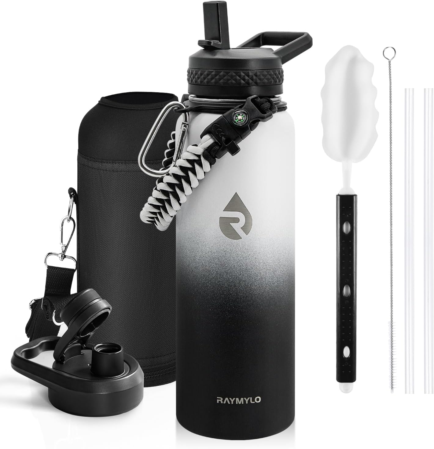 Insulated Water Bottle 40 oz, Triple Wall Vacuum Stainless Steel (Cold for 48 Hrs), Leak Proof & Non-BPA, Modern Water Flask Jug with Paracord Handle & Straw Spout Lids, Ombre: White/Black