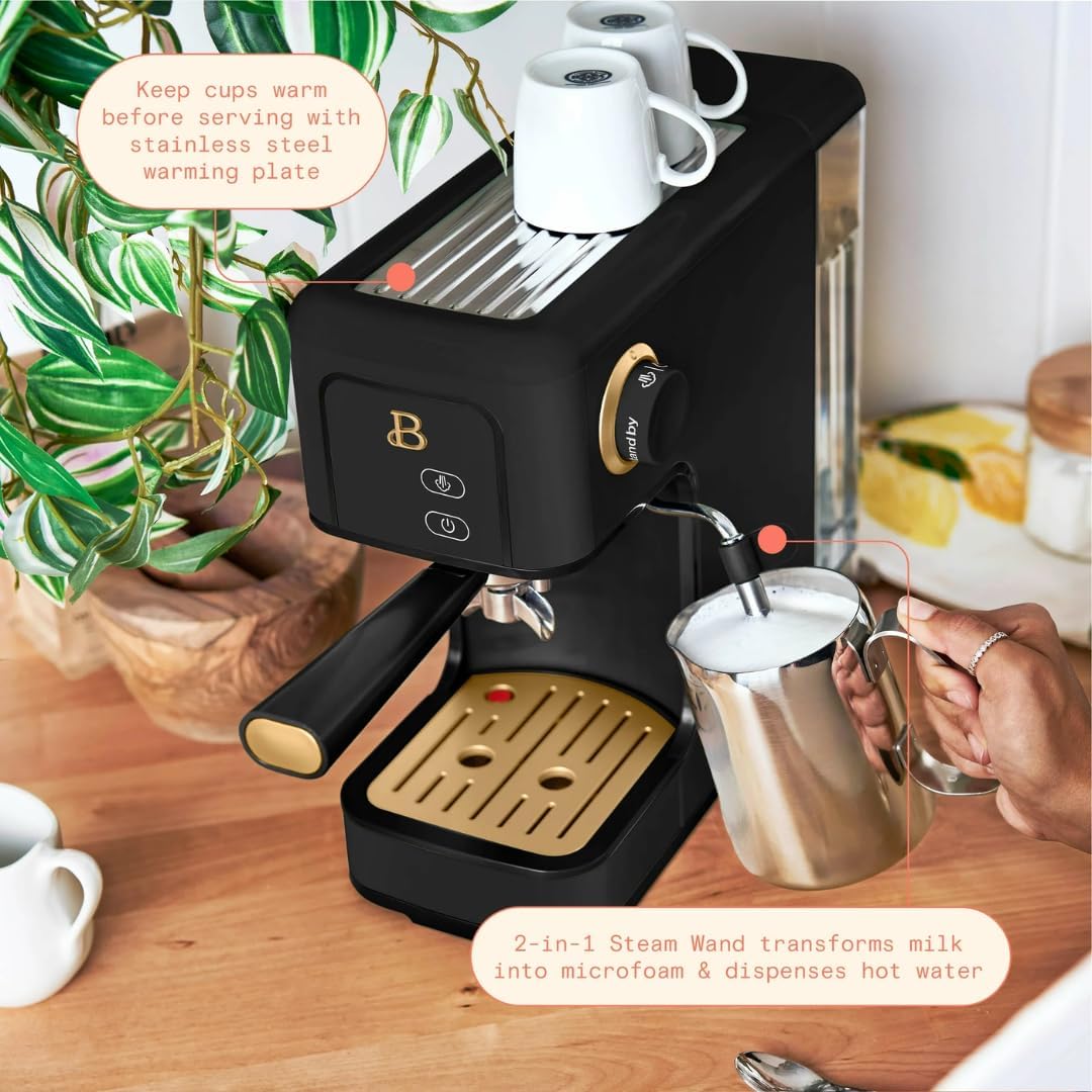 Beautiful Slim Espresso Maker by Drew Barrymore – 20‑Bar Pressure, Dual‑Spout 52 mm Portafilter, 50 oz Removable Tank, 2‑in‑1 Steam Wand & Touch Controls (Black Sesame)