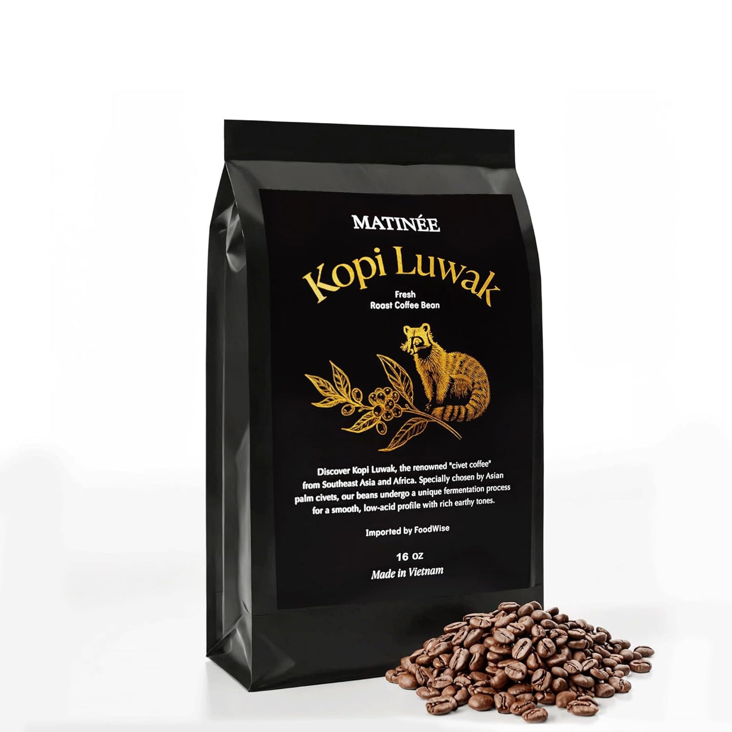 MATINÉE Wild Kopi Luwak Coffee Beans, Medium Roast, Whole Bean Coffee, Civet Coffee, Wild Kopi Luwak Coffee - Sustainably Sourced From Vietnam, 16oz / 454 Grams