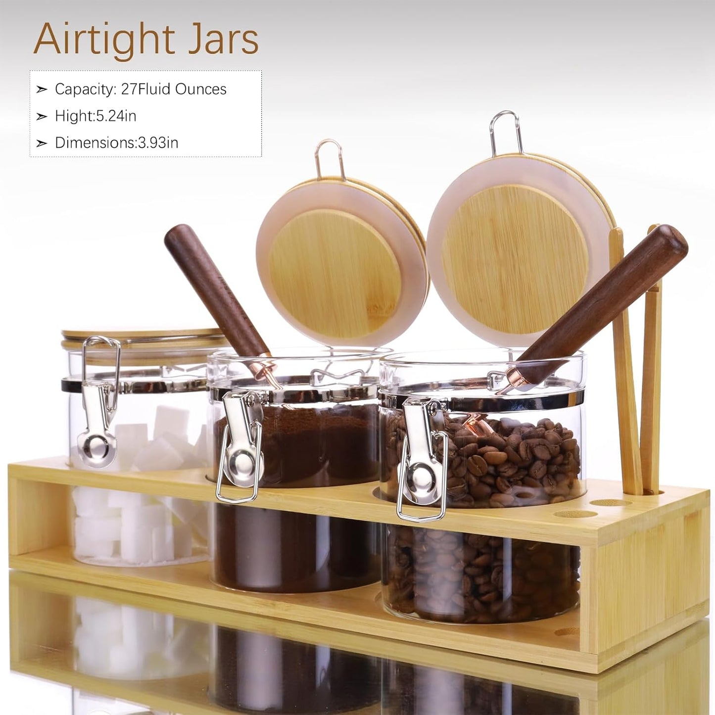 Glass Coffee Sugar Storage Jars with Bamboo Shelf and Spoon for Kitchen Counter,Sealed Glass Containers for Loose Leaf Tea,Coffee Bean,Ground Coffee,Brown Sugar,27 Fluid-oz