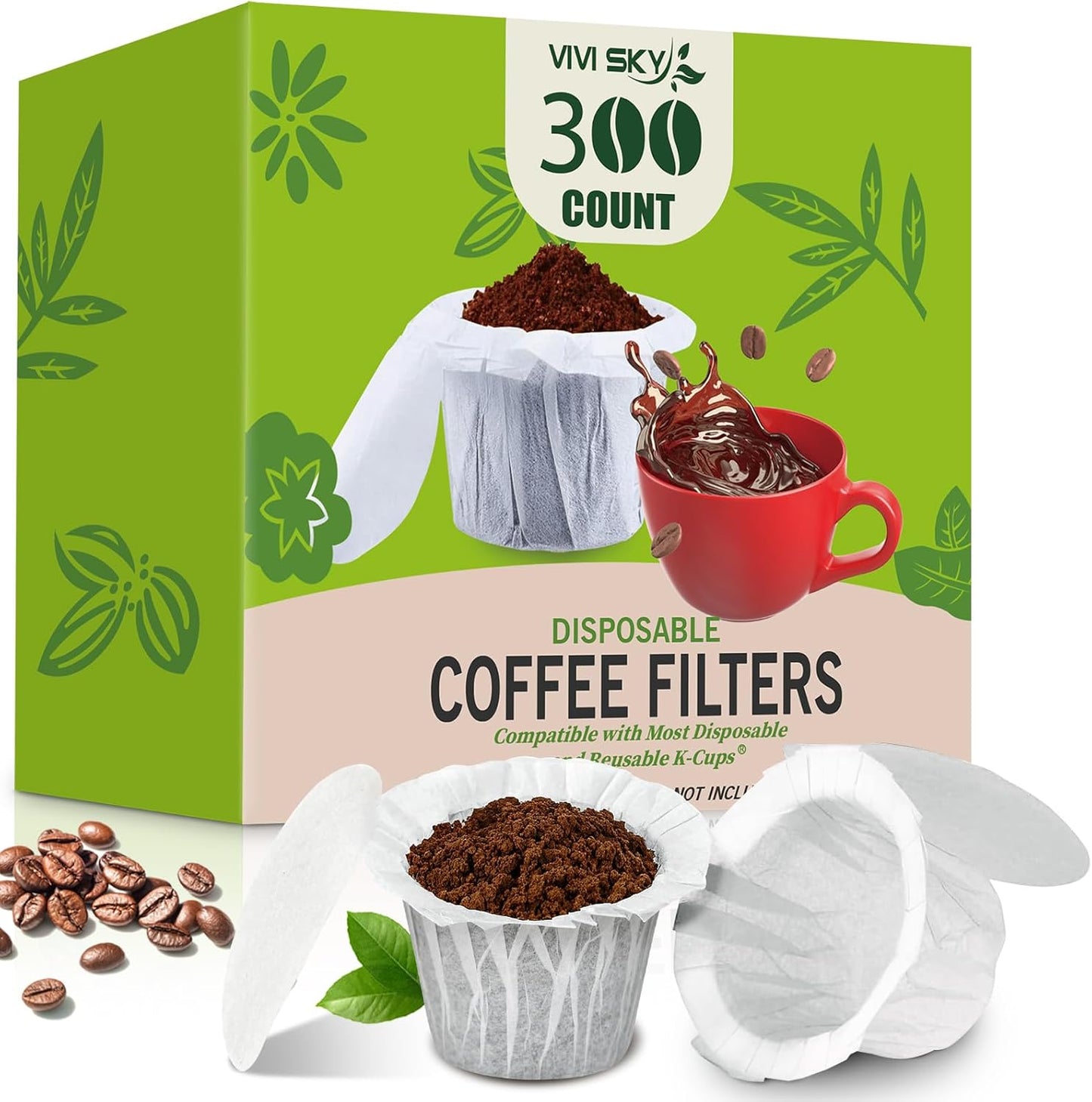 VIVI SKY K cup Coffee Paper Filters with Lid Disposable for Keurig, Fits All Keurig Single Serve Filter Brands (White with Lid, 300)