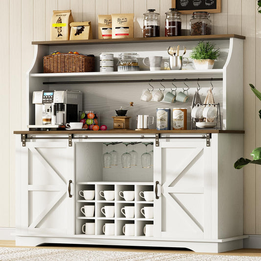 55 Inch Farmhouse Coffee Bar Cabinet with 3-Tier Storage, Kitchen Hutch with 12 Wine Racks & 3 Glass Holders, Coffee Bar with 6 Hooks, Wine Bar Cabinet for Dining Living Room, White