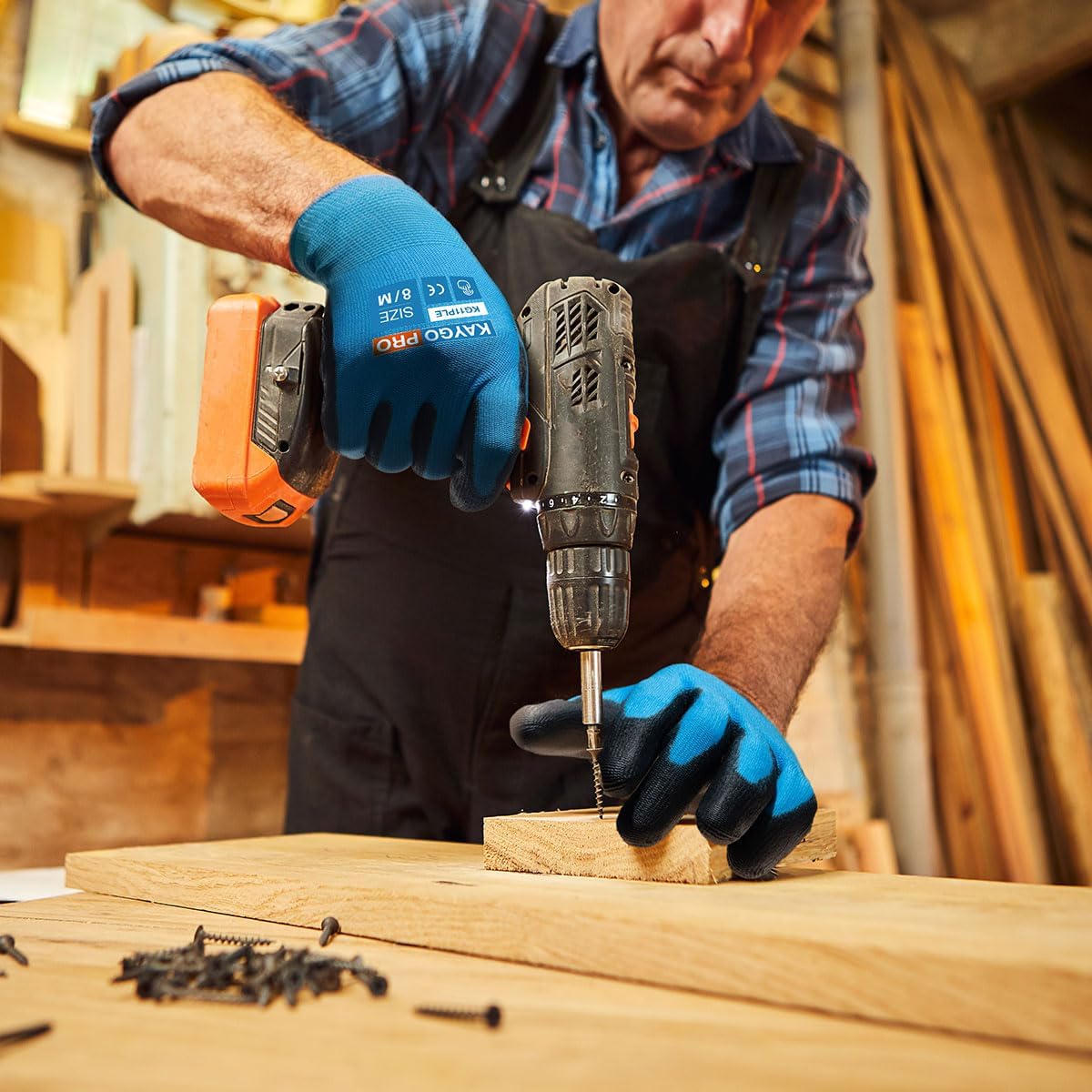 KAYGO Safety Work Gloves PU Coated for Men and Women- KG11PB,12 Pairs,Seamless Knit Glove with Two Fingers Touchscreen,Ideal for General Duty Work (2X-Large,Blue)