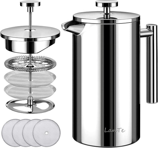 French Press Coffee Maker, Double Insulated 304 Stainless Steel Coffee Tea Maker 4 Level Filtration System, No Coffee Grounds, Rust-Free, Dishwasher Safe, 1000ml