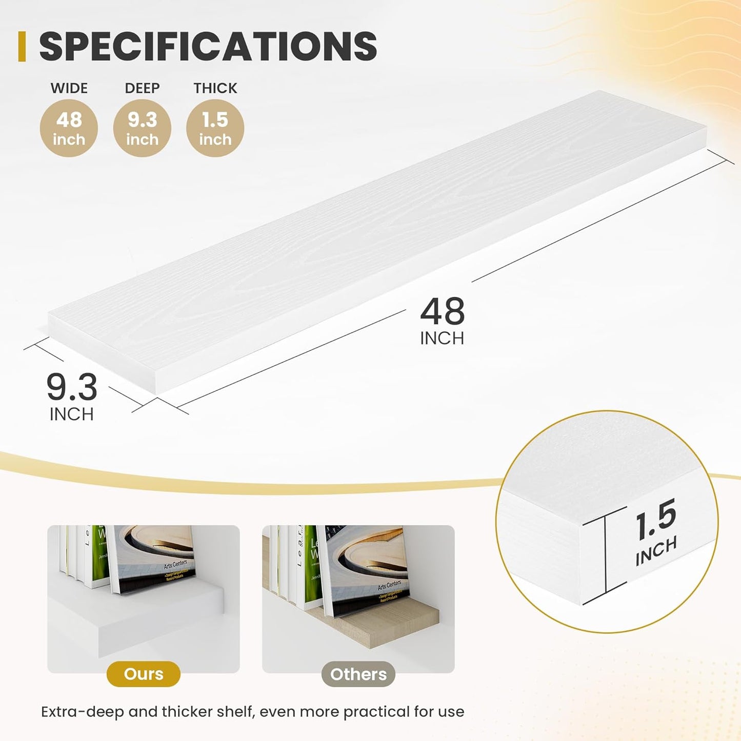 48 Inch Floating Shelves, 9.3" Deep Floating Shelf Wall Mounted, 48" Wall Shelves, Rustic Deep Bookshelf, Large Display Shelves & Storage Shelves for Bedroom, Living Room, White, Set of 1