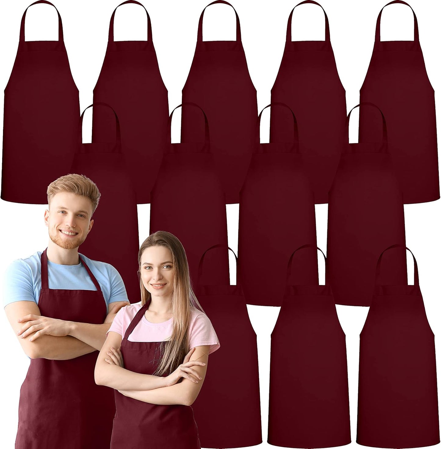 GREEN LIFESTYLE 12 Pack Professional Chef Apron – Grilling Aprons for Men, Waterproof Cooking Apron for BBQ, Work or Restaurant Use, Kitchen Aprons for Women – Burgundy, No Pockets