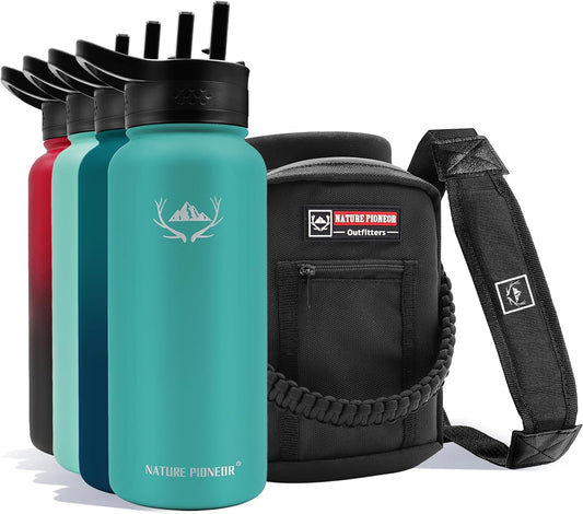 NATURE PIONEOR Insulated Water Bottles with Carrier Holder Sleeve - 32 ounce Stainless Steel Water Bottle with 3 Lids,straw,Keeps Hot and Cold