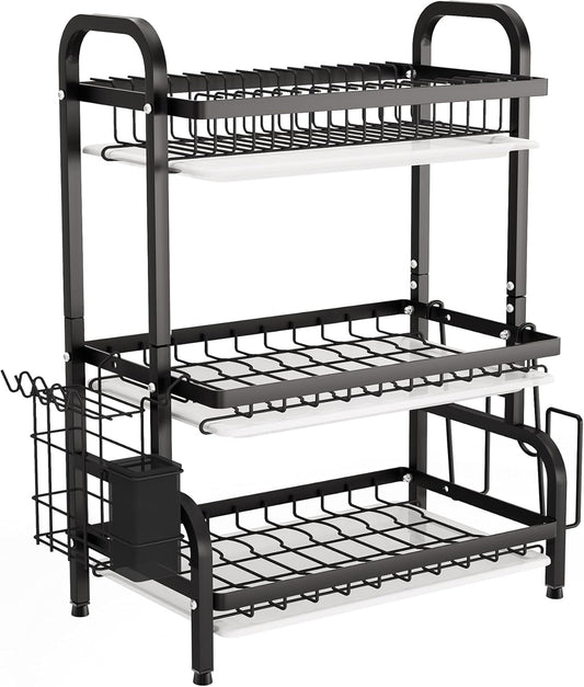 1Easylife Drying Rack, Metal 3-Tier Large Capacity Dish Rack with Utensil Holder, Cutting Board Holder, Drain Board Tray for Kitchen Counter Storage (Black)
