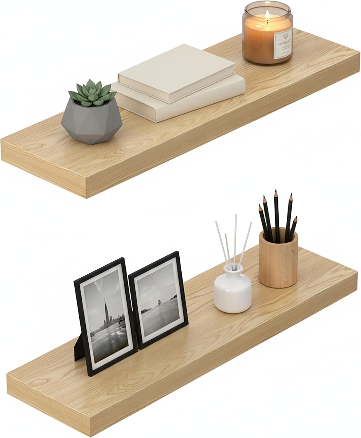 Lufia Floating Wall Shelves, Set of 2, MDF with Invisible Brackets, Modern Storage for Bedroom, Bathroom, Living Room, Kitchen (Oak, 24" W x 7" D x 1.5" H)