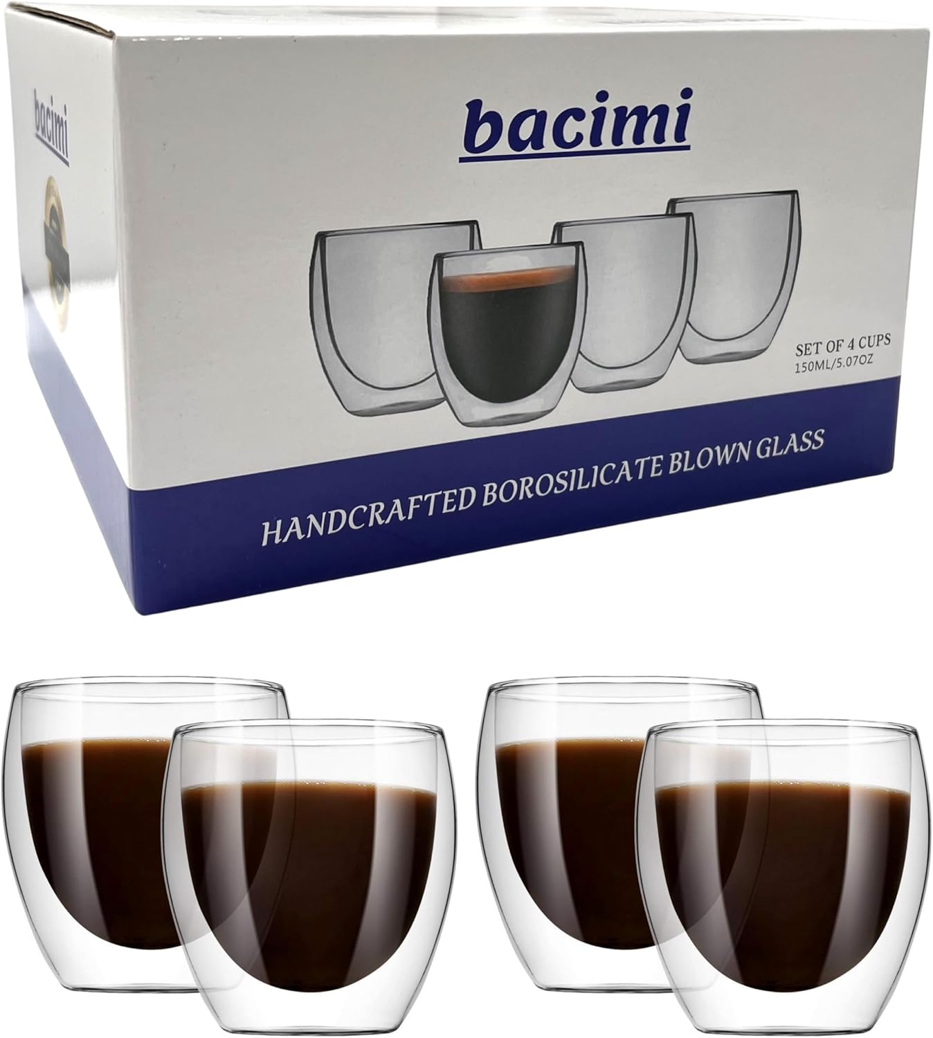 Bacimi® Double Wall Insulated Coffee Mugs (Set of 4 / 5oz) - Clear Borosilicate Cups - Thermal Drinking Cups for Espresso, Cappuccino, Latte, Tea, Hot Beverage, Wine - Microwave Safe