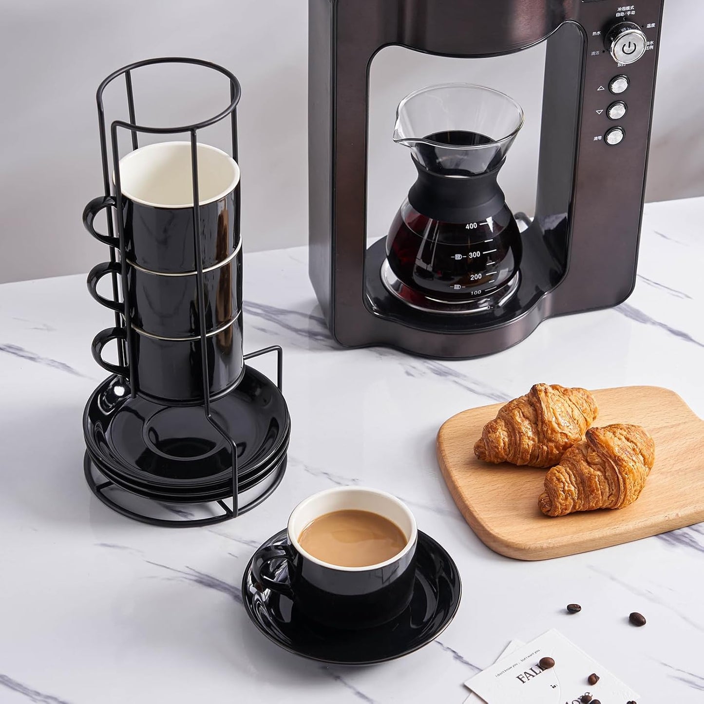 YOLIFE 8oz Porcelain Stackable Cappuccino Cups with Saucers and Metal Stand Set of 4, Coffee cups for Espresso, Specialty Coffee Drinks, Latte, Americano and Tea - Black