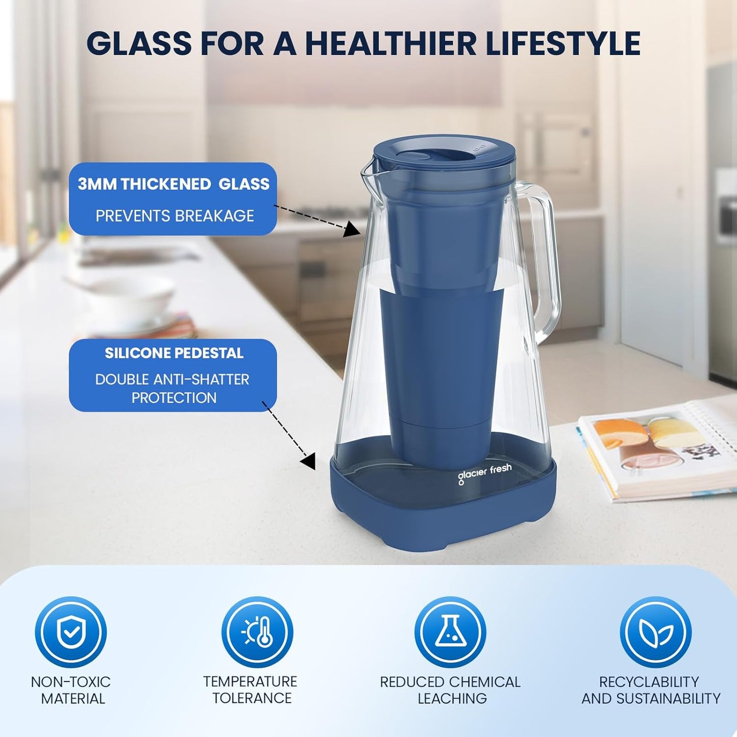 GLACIER FRESH 10 Cup Glass Water Pitcher with 1 Filter of 3X Flow Rate, Purela Glass Pitcher with 5-Stage Filtration Technology, Reduces 99% Chlorine and Improve Taste, Bpa Free, Blue