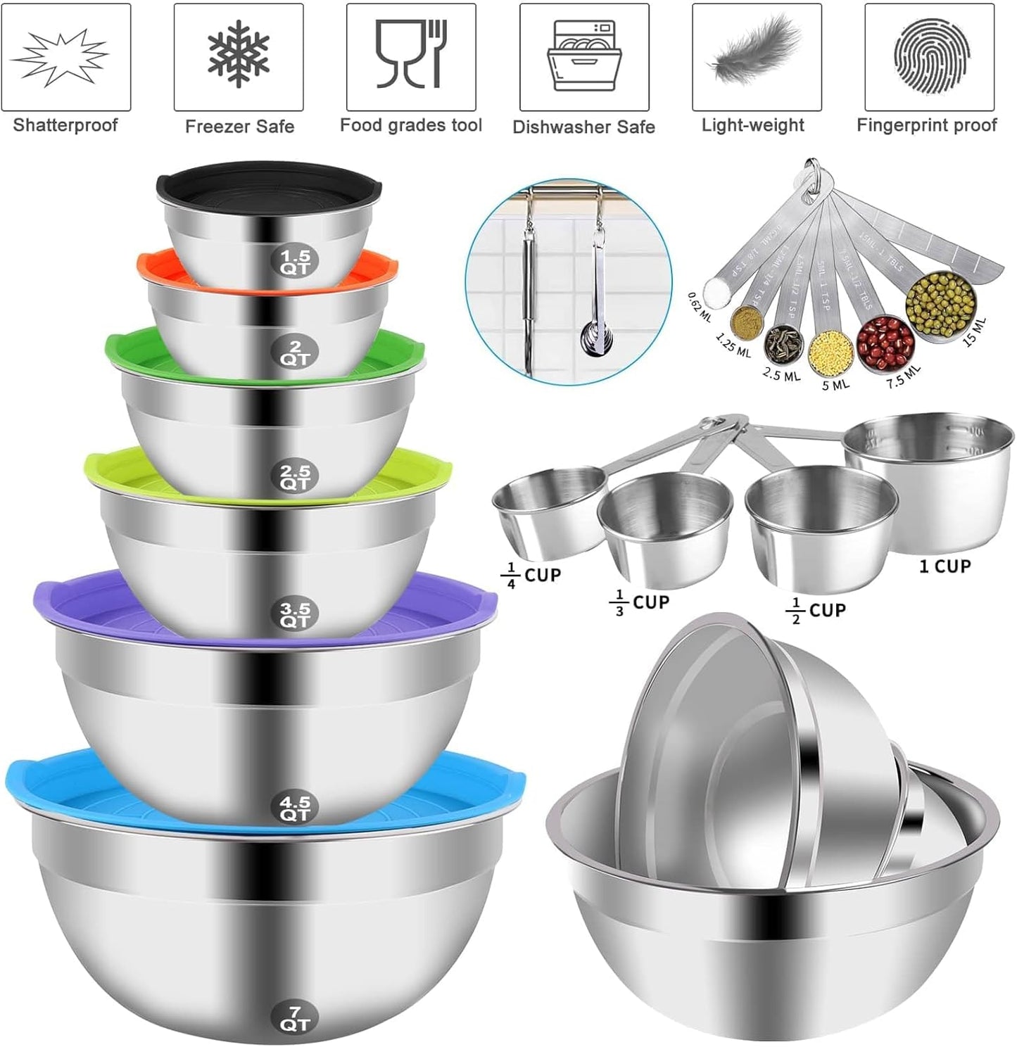 Mixing Bowls with Lid Set, 27PCS Kitchen Utensils Metal Bowl Stainless Steel Nesting Bowls, Measuring Cups and Spoons, Egg Whisk for Baking