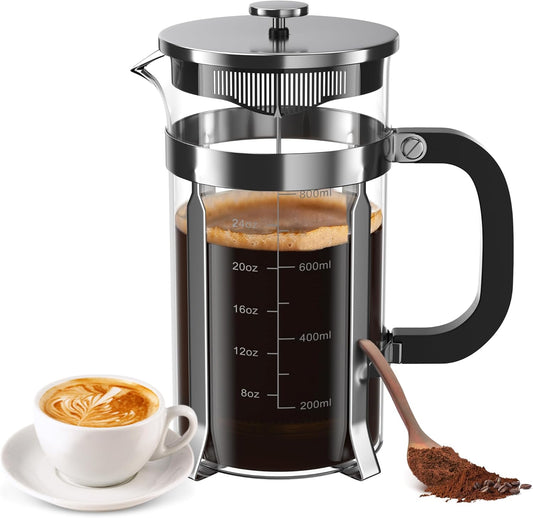 French Press Coffee Maker, 34 Ounce 1 Liter, Stainless Steel, Cold Brew Heat Resistant Borosilicate Glass Espresso Coffee & Tea Maker with 4 Filter