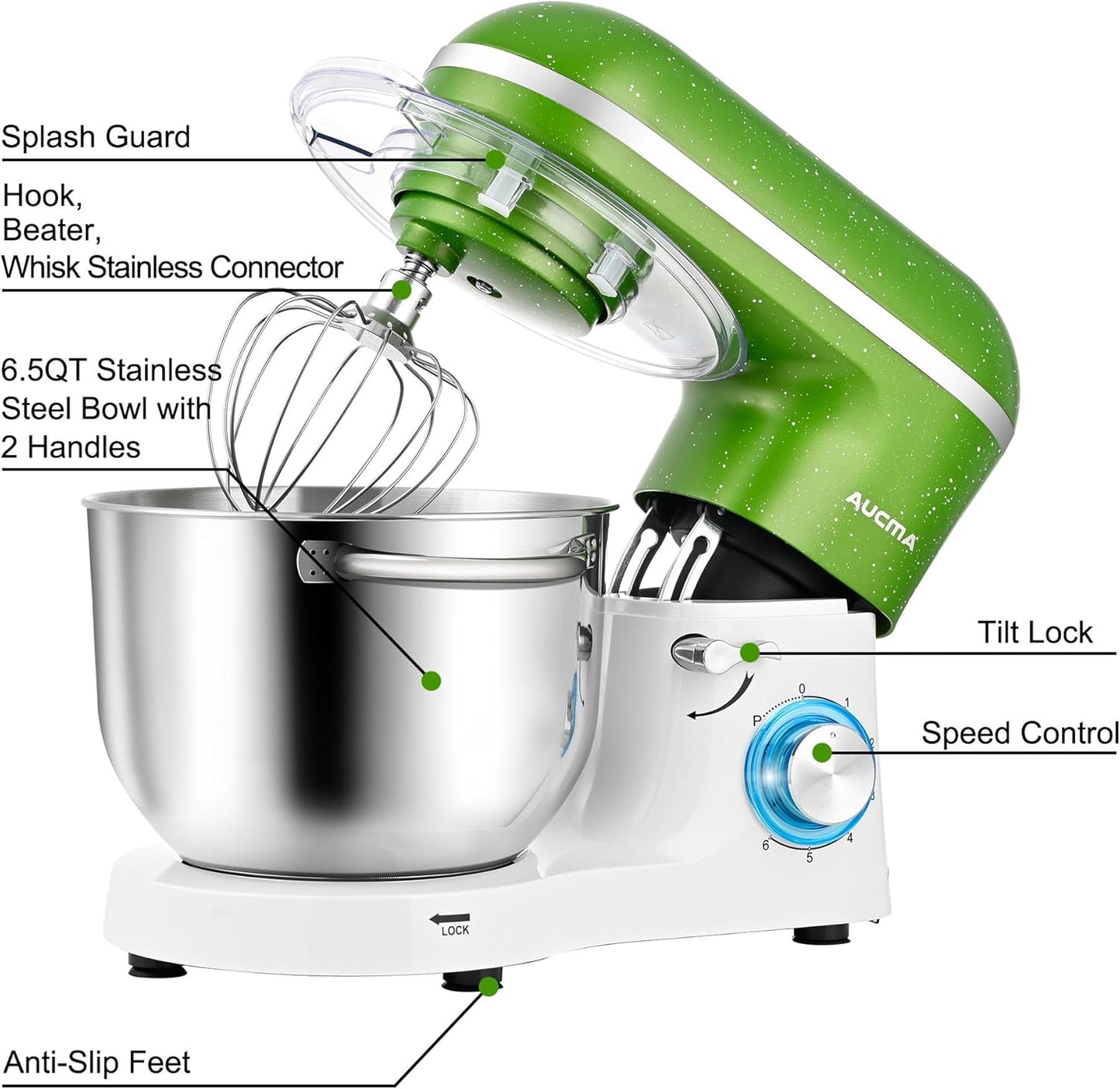 Aucma Stand Mixer,6.5QT 660W 6-Speed Tilt-Head Food Mixer, Kitchen Electric Mixer with Dough Hook, Wire Whip & Beater (Green-White, 6.5QT)