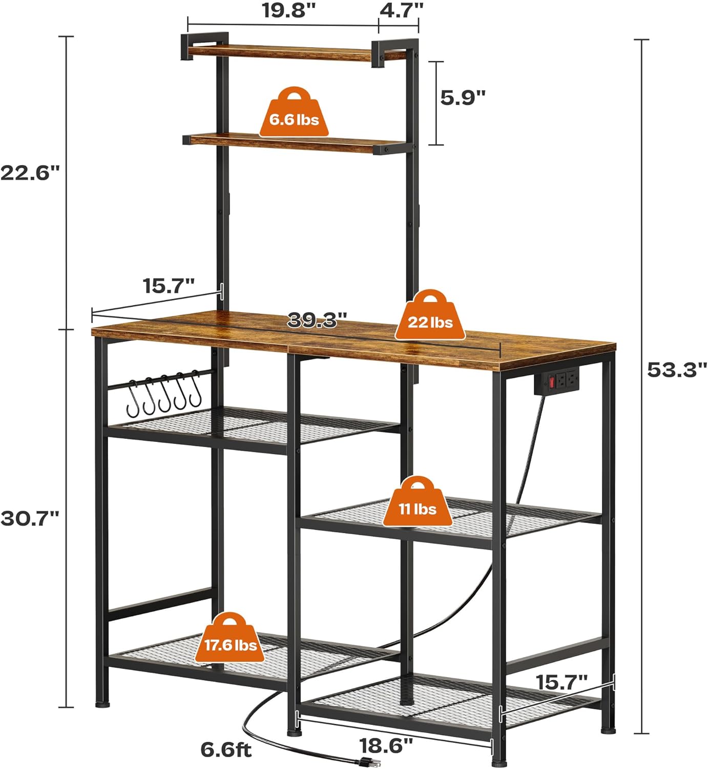 Huuger 39.4 Inch Bakers Rack with Power Outlets, Kitchen Microwave Stand with Storage, Coffee Bar with 4 Hooks, 3-Level Height Open Shelves, Retro Brown