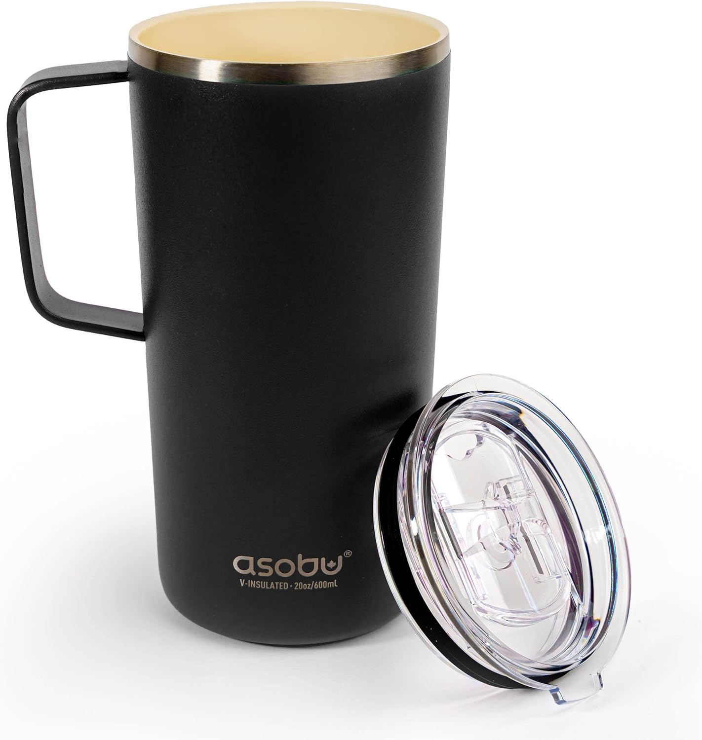 asobu Tower Mug Ceramic Inner Coated Insulated Stainless Steel Cup for Pure Tasting Coffee with Easy Hold Handle and Tritan Lid Fits Standard Cup Holders 20 Ounce Travel Mug (Black)