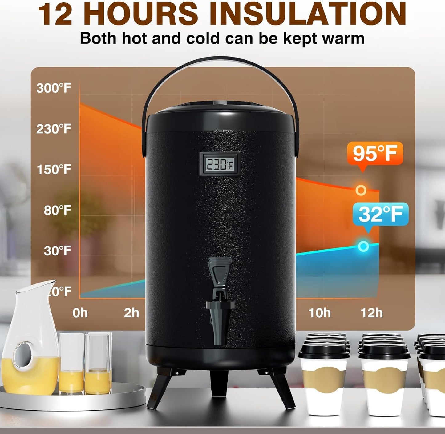 WantJoin 2-pack Insulated Beverage Dispenser-Thermal Hot and Cold Beverage Dispenser Tea Dispenser Stainless Steel 12L/3.2Gal Hot Drink Dispenser with Spigot for Hot Tea&Coffee,Cold Milk,Juice Black