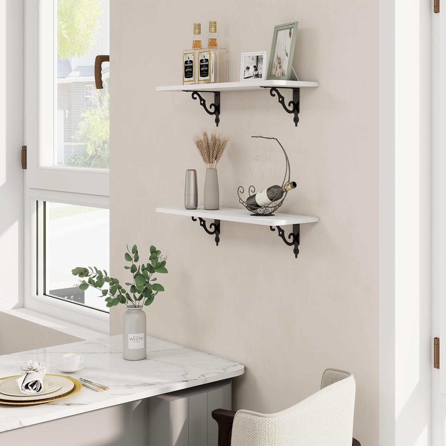 RICHFOCUS Floating Shelves for Wall Decor, 24Inch Rustic Shelves Set of 2, 24W x 8D Floating Shelves Wall Mounted with Metal Brackets, Wood Shelves for Living Room Bedroom Kitchen, White